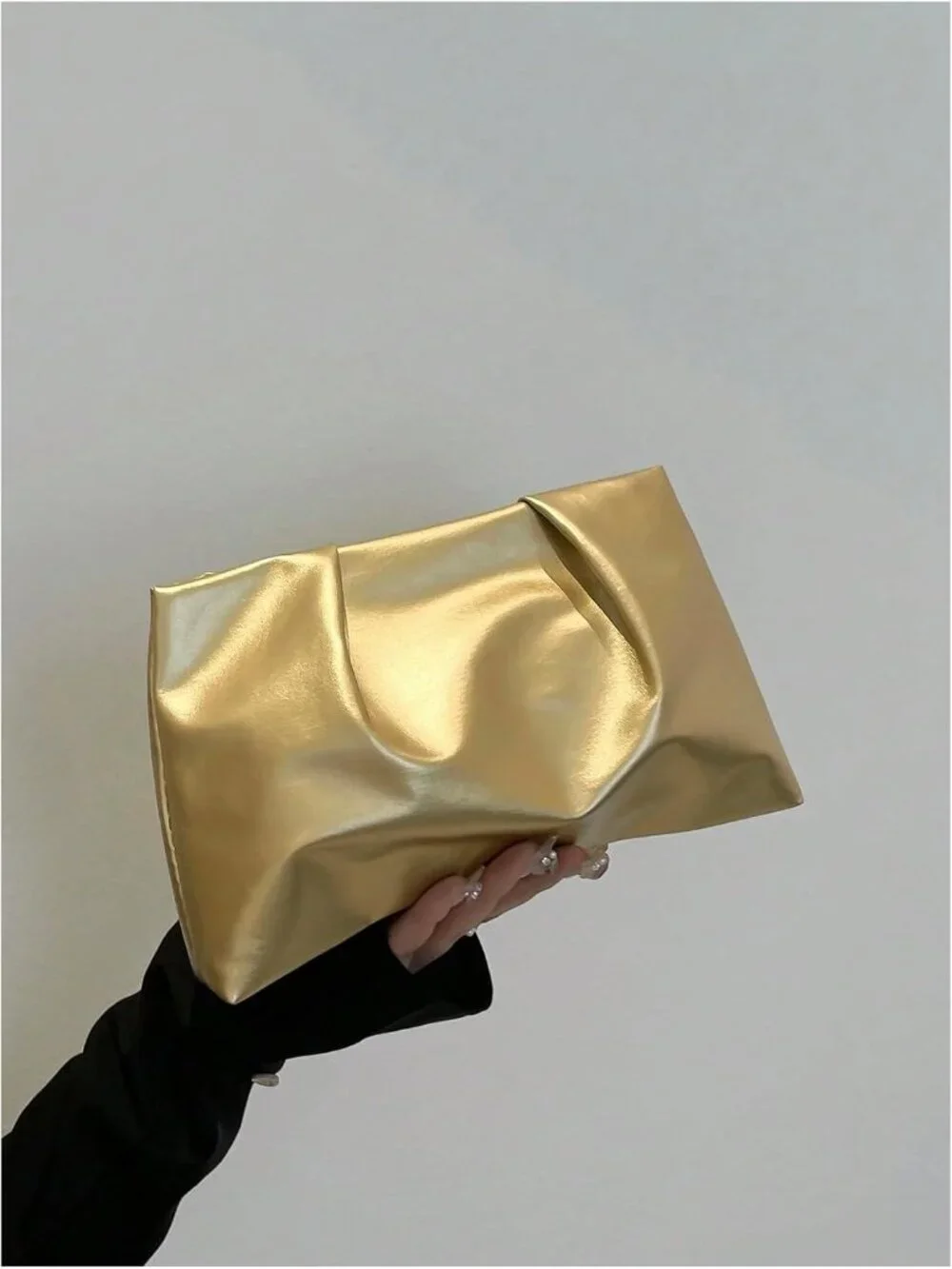 👜Women's Gold PU Leather Clutch Purses Small Zipper Elegant Ruched Handbag